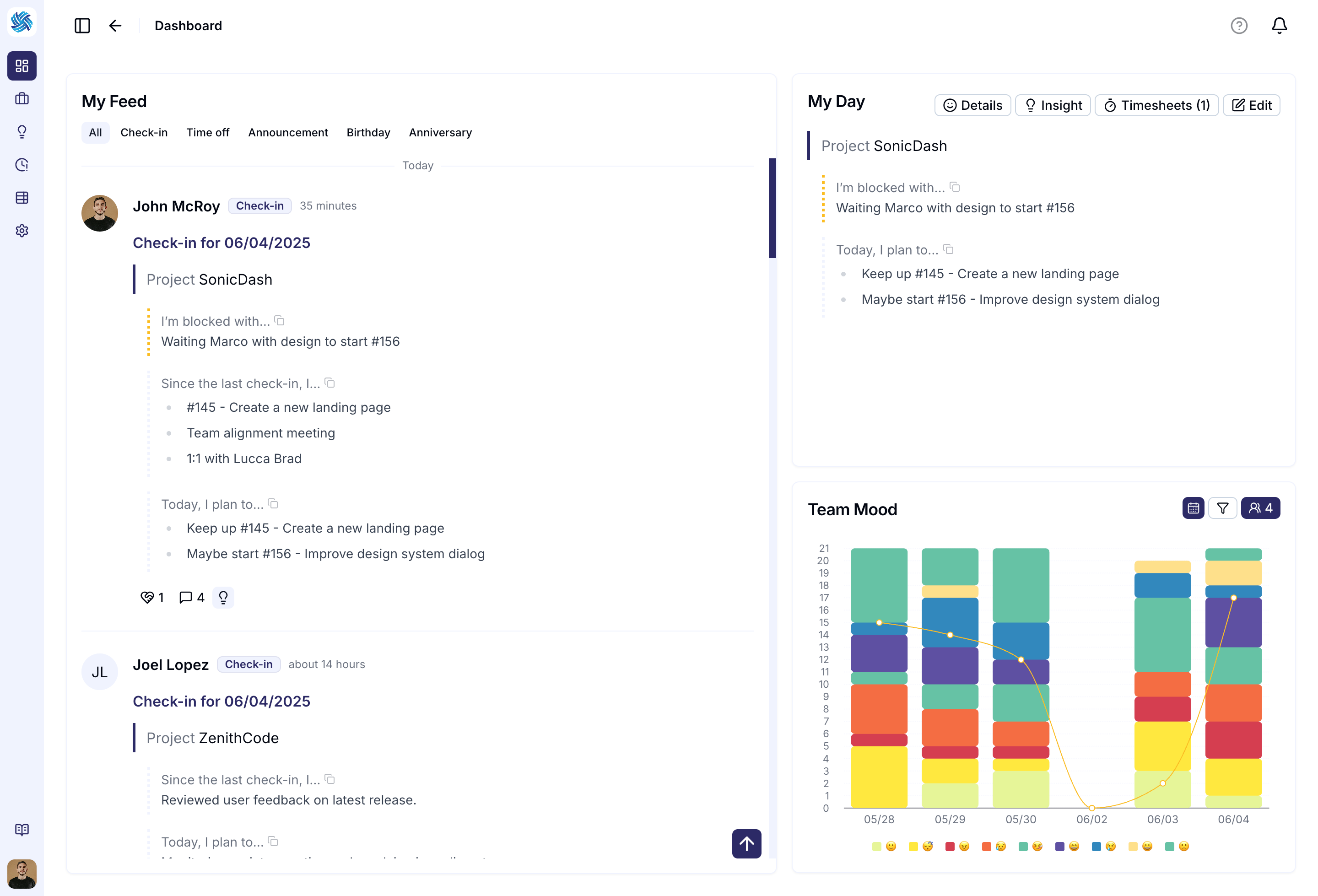 DailyPulse dashboard showing team feed and mood chart